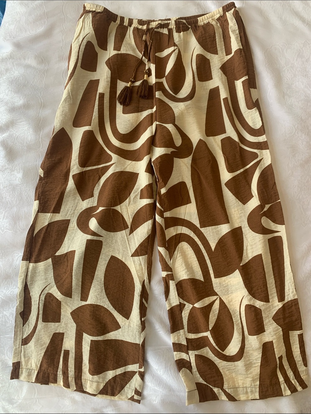 Wide Leg Drawstring Pants in Brown Abstract Print w/Pockets
